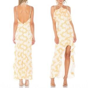 NWT Lovers + Friends Oorja Gown Ivory Orange Maxi Dress Halter Ruffle Size XL